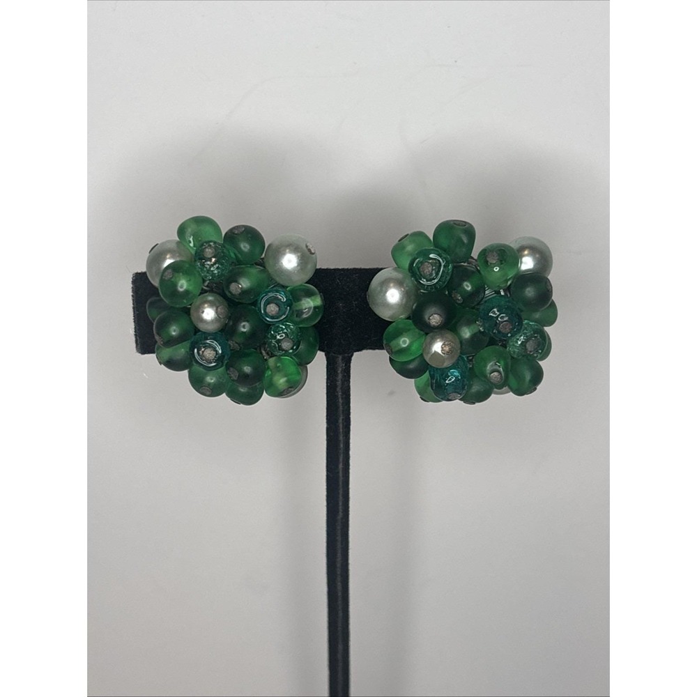 Vintage 1950's Japan Green Glass Bead Cluster Clip On Earrings Mid Century